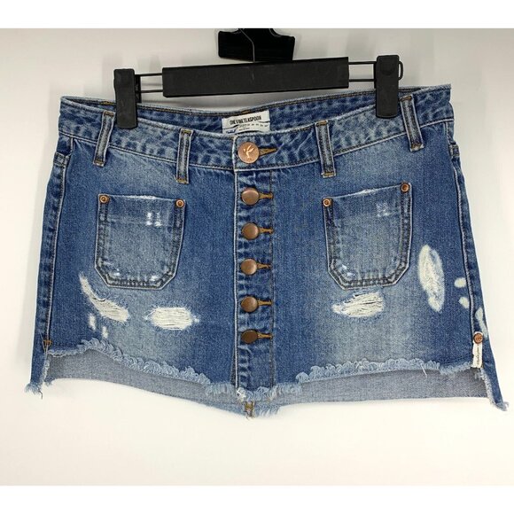 One Teaspoon Skirt Denim Le Cat Mini Button Front Fray Raw Hem - Picture 1 of 11